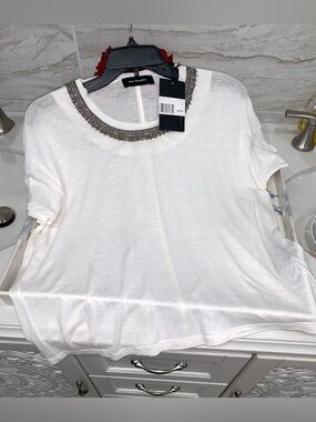 The Kooples NWT $150 White Short Sleeve Tee with Embroidered Neckline, Size S.